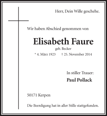 Anzeige von Elisabeth Faure von  Sonntags-Post 