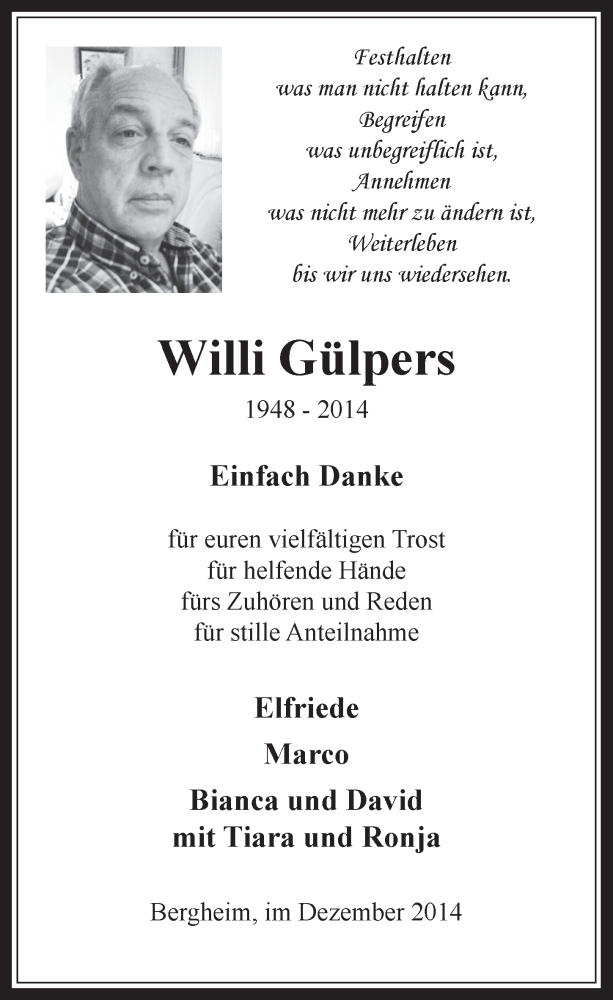  Traueranzeige für Willi Gülpers vom 10.12.2014 aus  Werbepost 