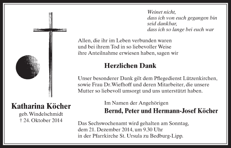  Traueranzeige für Katharina Köcher vom 10.12.2014 aus  Werbepost 