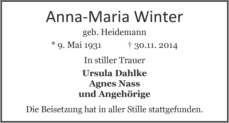  Traueranzeige für Anna-Maria Winter vom 10.12.2014 aus  Schlossbote/Werbekurier 