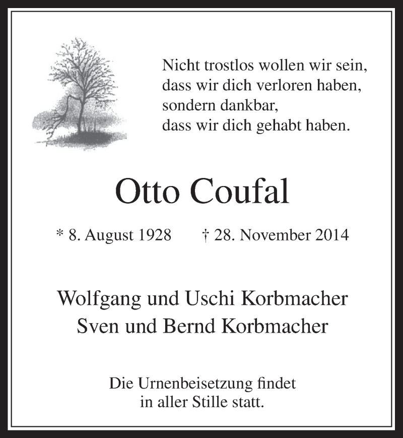  Traueranzeige für Otto Coufal vom 10.12.2014 aus  Wochenende  Kölner Wochenspiegel 