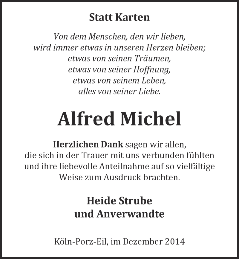  Traueranzeige für Alfred Michel vom 10.12.2014 aus  Kölner Wochenspiegel 