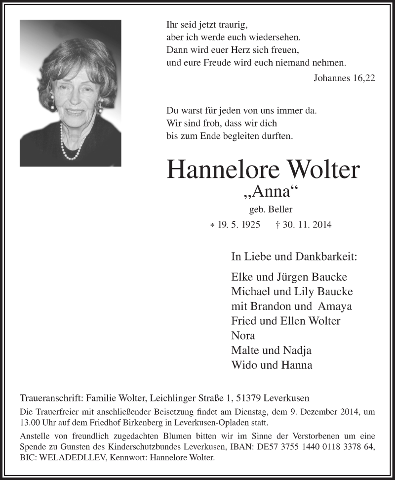  Traueranzeige für Hannelore Wolter vom 06.12.2014 aus  Leverkusener Wochenende 