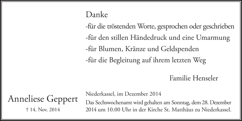  Traueranzeige für Anneliese Geppert vom 10.12.2014 aus  Extra Blatt 