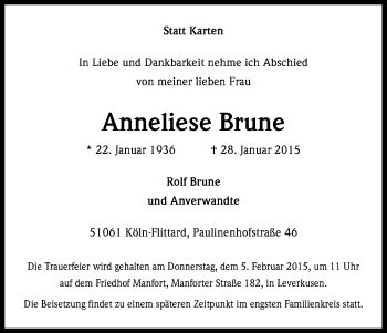 Anzeige von Anneliese Brune von Kölner Stadt-Anzeiger / Kölnische Rundschau / Express