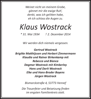 Anzeige von Klaus Wostrack von  Extra Blatt 