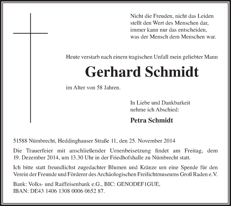  Traueranzeige für Gerhard Schmidt vom 10.12.2014 aus  Lokalanzeiger 