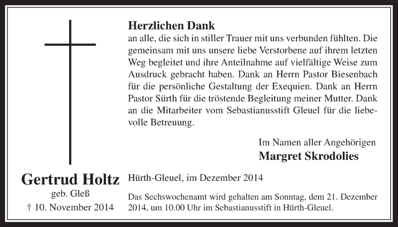  Traueranzeige für Gertrud Holtz vom 10.12.2014 aus  Wochenende 