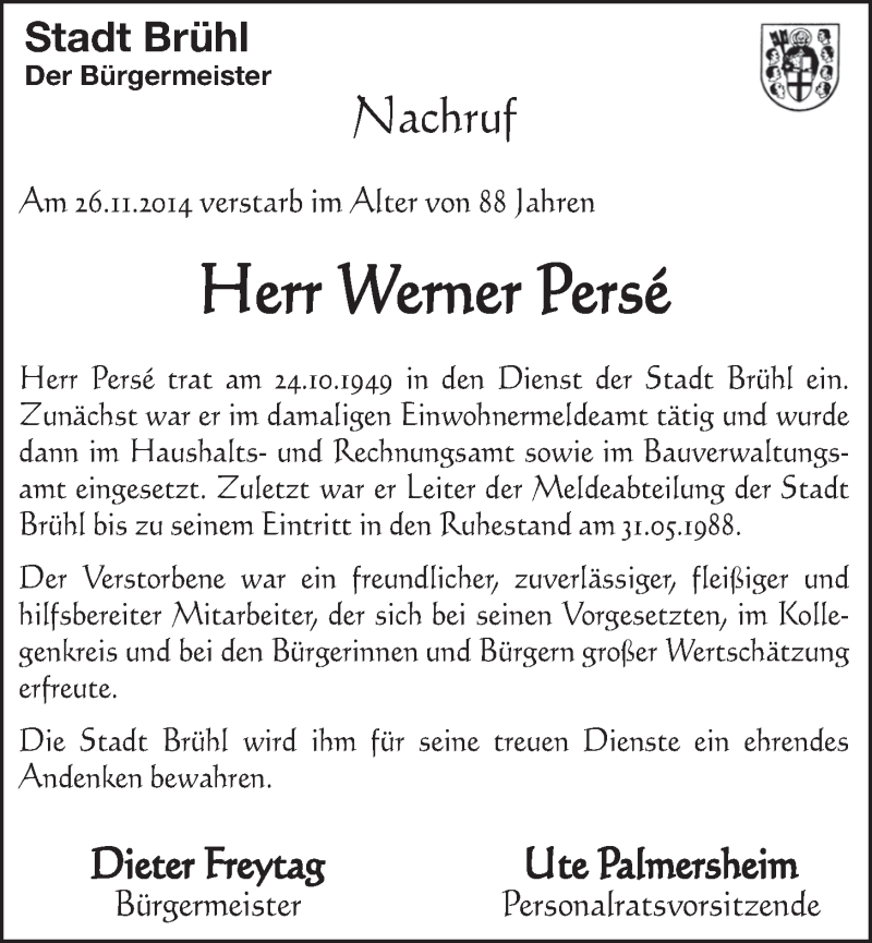  Traueranzeige für Werner Persé vom 10.12.2014 aus  Schlossbote/Werbekurier 