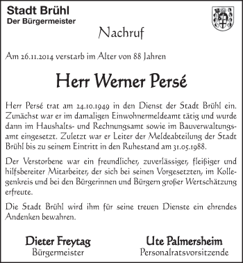 Anzeige von Werner Persé von  Schlossbote/Werbekurier 