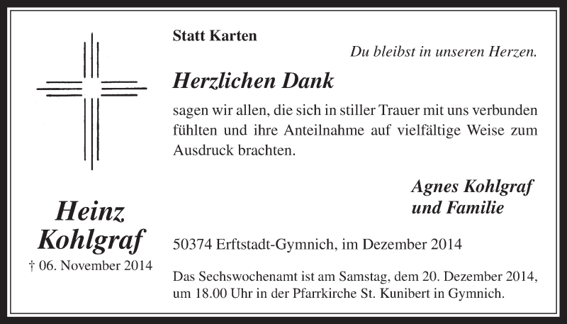  Traueranzeige für Heinz Kohlgraf vom 13.12.2014 aus  Sonntags-Post 