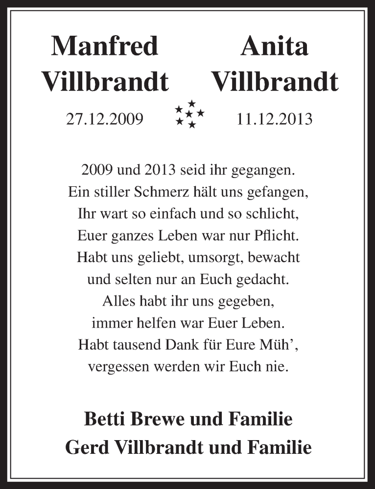  Traueranzeige für Manfred und Antia Villbrandt vom 10.12.2014 aus  Werbepost 