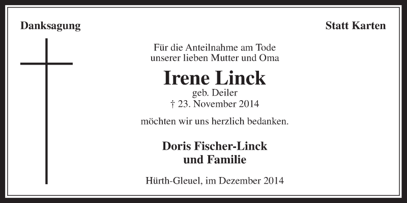  Traueranzeige für Irene Linck vom 10.12.2014 aus  Wochenende 
