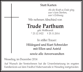 Anzeige von Trude Parthum von  Schlossbote/Werbekurier 