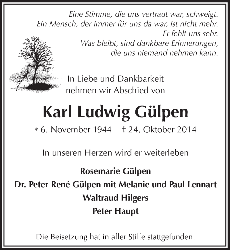  Traueranzeige für Karl Ludwig Gülpen vom 10.12.2014 aus  Anzeigen Echo 