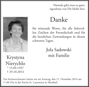 Anzeige von Krystyna Nierychlo von  Extra Blatt 