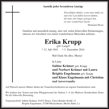 Anzeige von Erika Krupp von  Schaufenster/Blickpunkt 