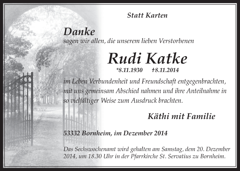  Traueranzeige für Rudi Katke vom 10.12.2014 aus  Schaufenster/Blickpunkt 