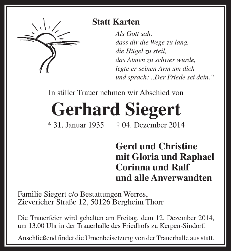  Traueranzeige für Gerhard Siegert vom 10.12.2014 aus  Werbepost 