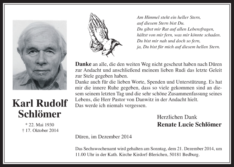  Traueranzeige für Karl Rudolf vom 10.12.2014 aus  Werbepost 
