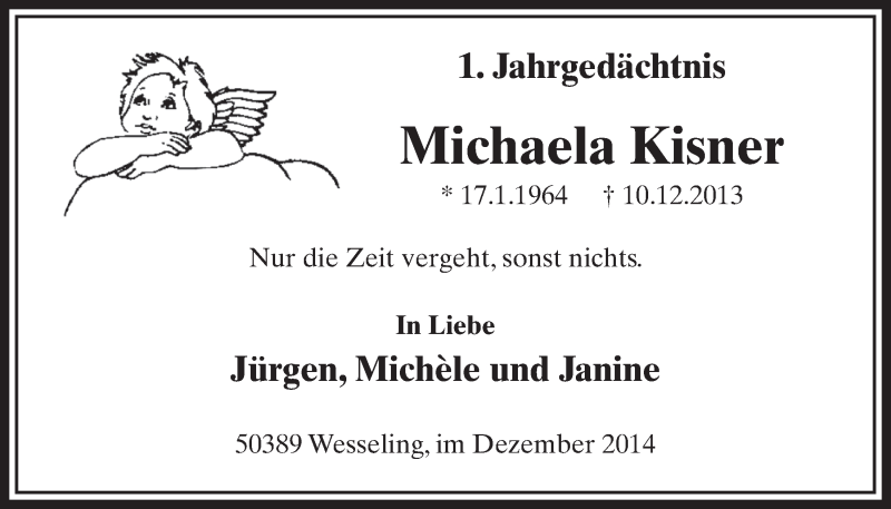  Traueranzeige für Michaela Kisner vom 10.12.2014 aus  Schlossbote/Werbekurier 