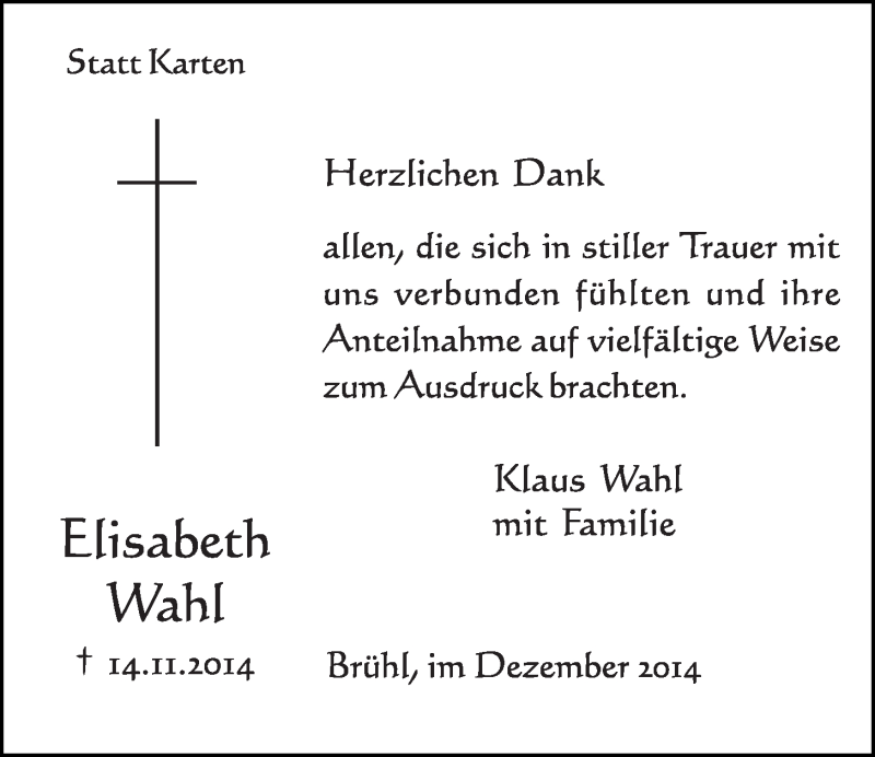  Traueranzeige für Elisabeth Wahl vom 10.12.2014 aus  Schlossbote/Werbekurier 