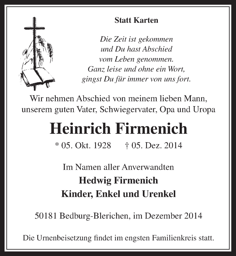  Traueranzeige für Heinrich Firmenich vom 10.12.2014 aus  Werbepost 