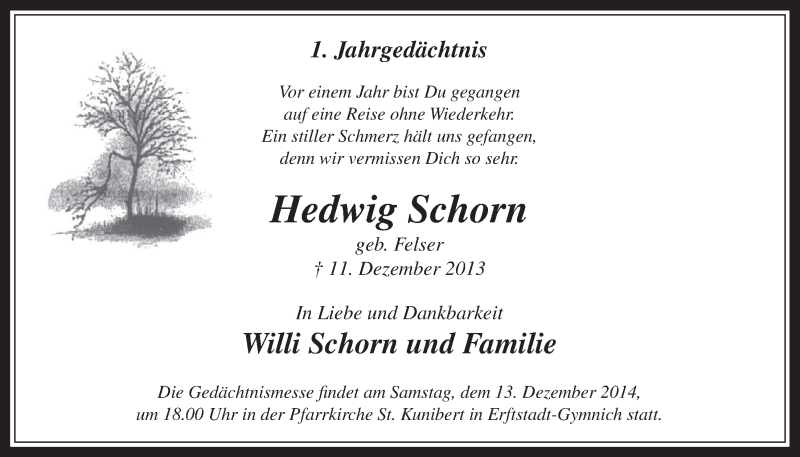  Traueranzeige für Hedwig Schorn vom 10.12.2014 aus  Werbepost 