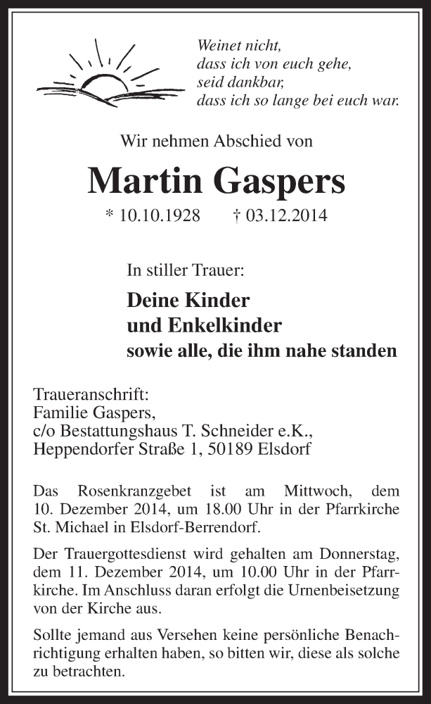  Traueranzeige für Martin Gaspers vom 10.12.2014 aus  Werbepost 