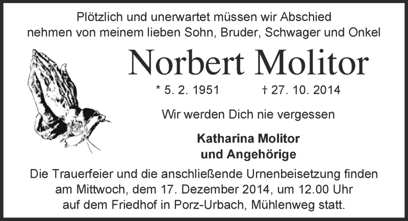  Traueranzeige für Norbert Molitor vom 10.12.2014 aus  Kölner Wochenspiegel 