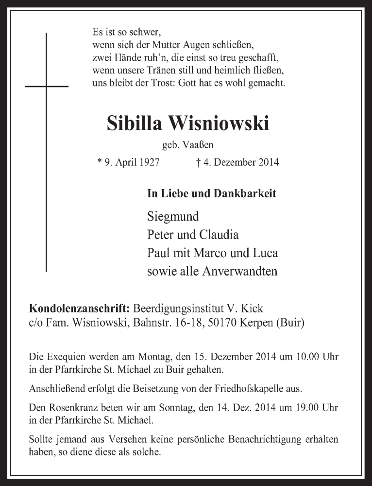  Traueranzeige für Sibilla Wisniowski vom 10.12.2014 aus  Werbepost 