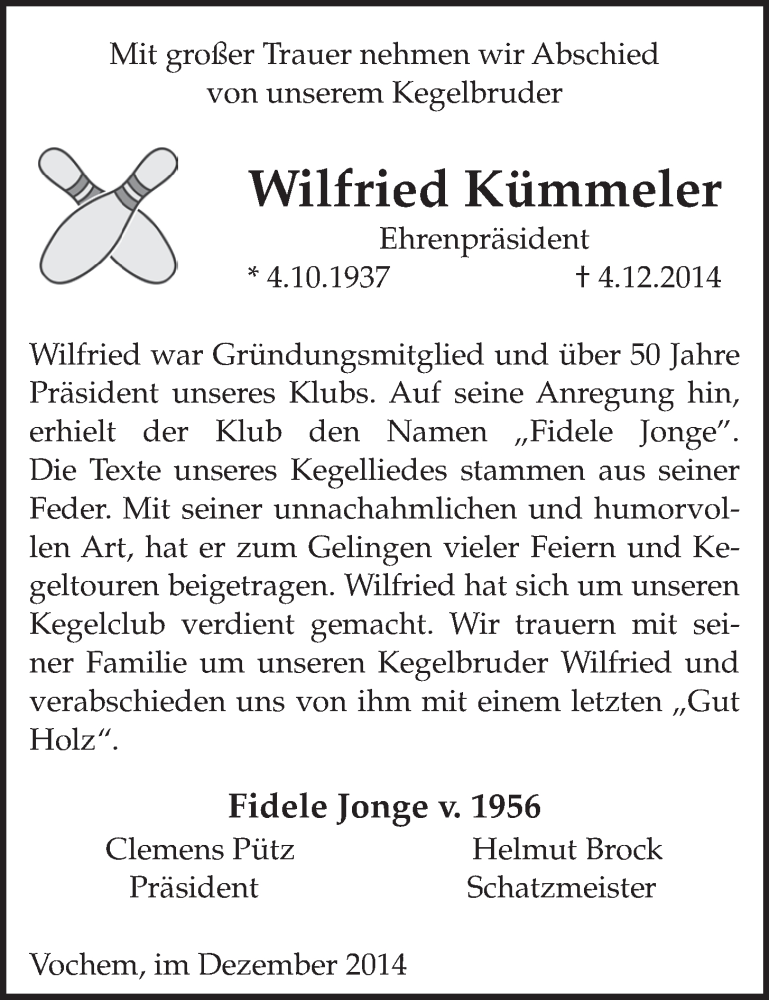  Traueranzeige für Wilfried Kümmeler vom 10.12.2014 aus  Schlossbote/Werbekurier 