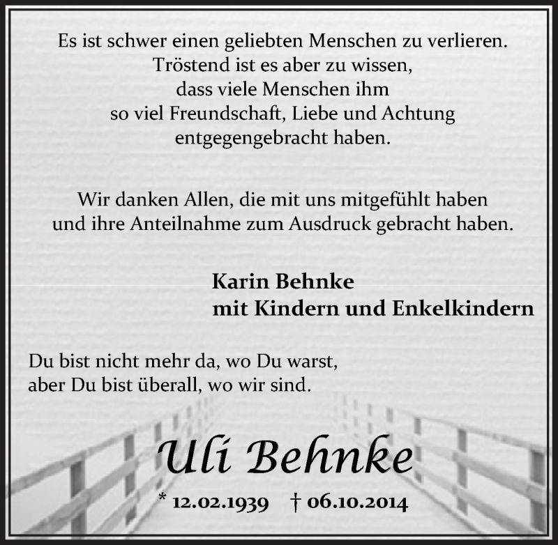  Traueranzeige für Uli Behnke vom 10.12.2014 aus  Lokalanzeiger 