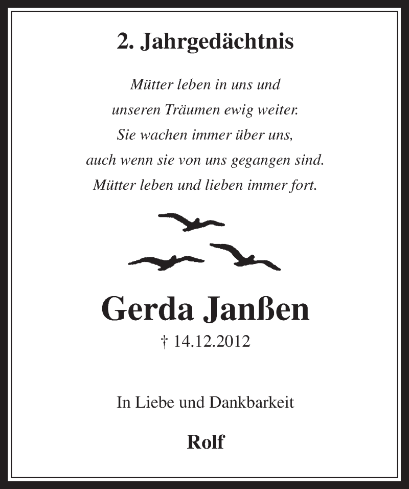  Traueranzeige für Gerda Janßen vom 10.12.2014 aus  Werbepost 