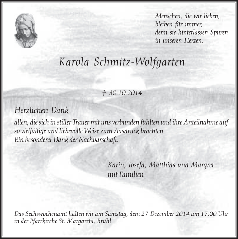  Traueranzeige für Karola Schmitz-Wolfgarten vom 10.12.2014 aus  Schlossbote/Werbekurier 