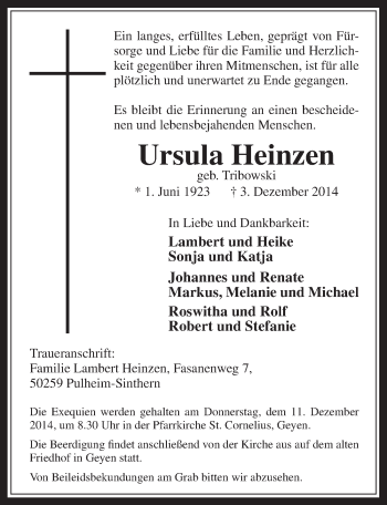 Anzeige von Ursula Heinzen von  Wochenende 