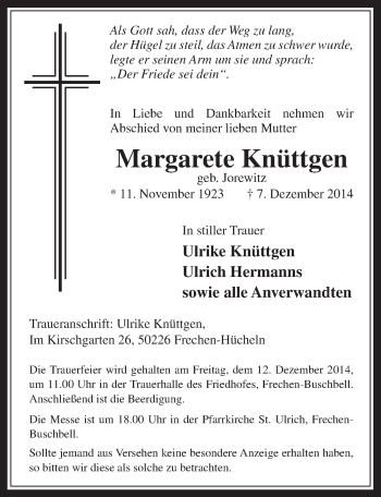 Anzeige von Margarete Knüttgen von  Wochenende 