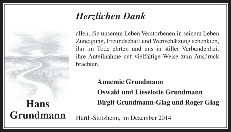  Traueranzeige für Hans Grundmann vom 10.12.2014 aus  Wochenende 