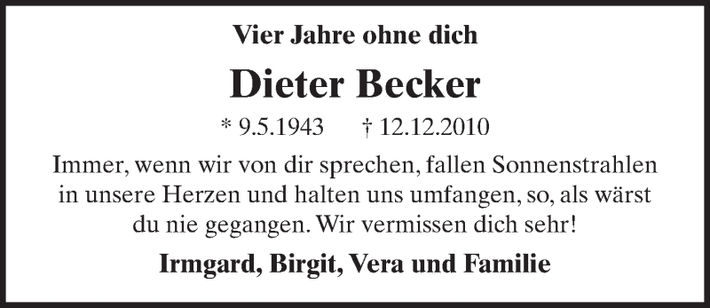  Traueranzeige für Dieter Becker vom 10.12.2014 aus  Schlossbote/Werbekurier 