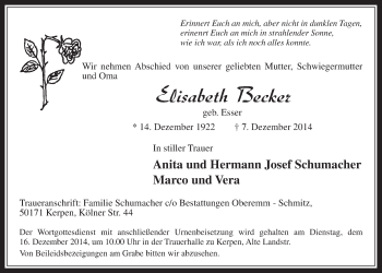 Anzeige von Elisabeth Becker von  Werbepost 