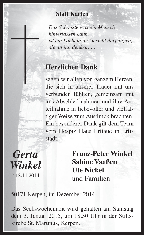  Traueranzeige für Gerta Winkel vom 10.12.2014 aus  Werbepost 