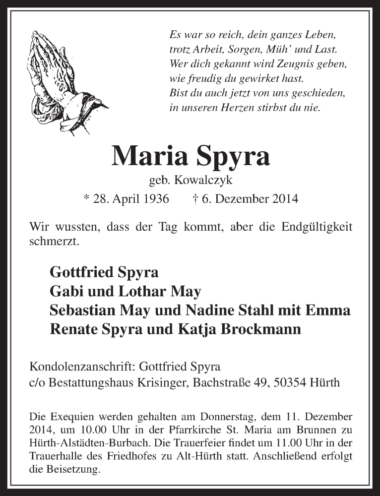  Traueranzeige für Maria Spyra vom 10.12.2014 aus  Wochenende 