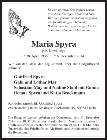 Anzeige von Maria Spyra von  Wochenende 