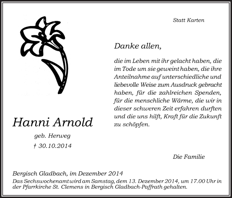  Traueranzeige für Hanni Arnold vom 10.12.2014 aus  Bergisches Handelsblatt 