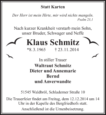 Anzeige von Klaus Schmitz von  Anzeigen Echo  Lokalanzeiger 