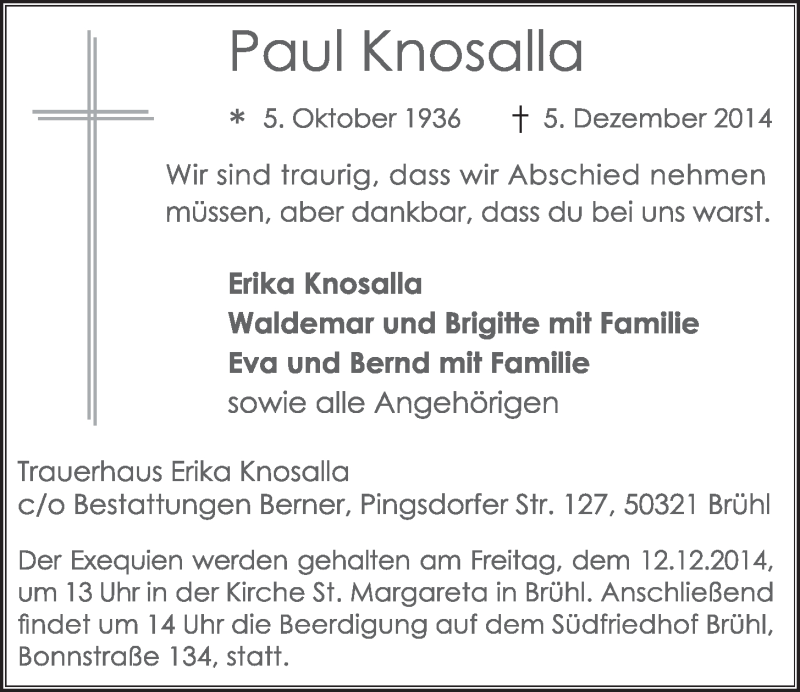  Traueranzeige für Paul Knosalla vom 10.12.2014 aus  Schlossbote/Werbekurier 