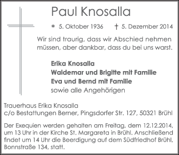 Anzeige von Paul Knosalla von  Schlossbote/Werbekurier 
