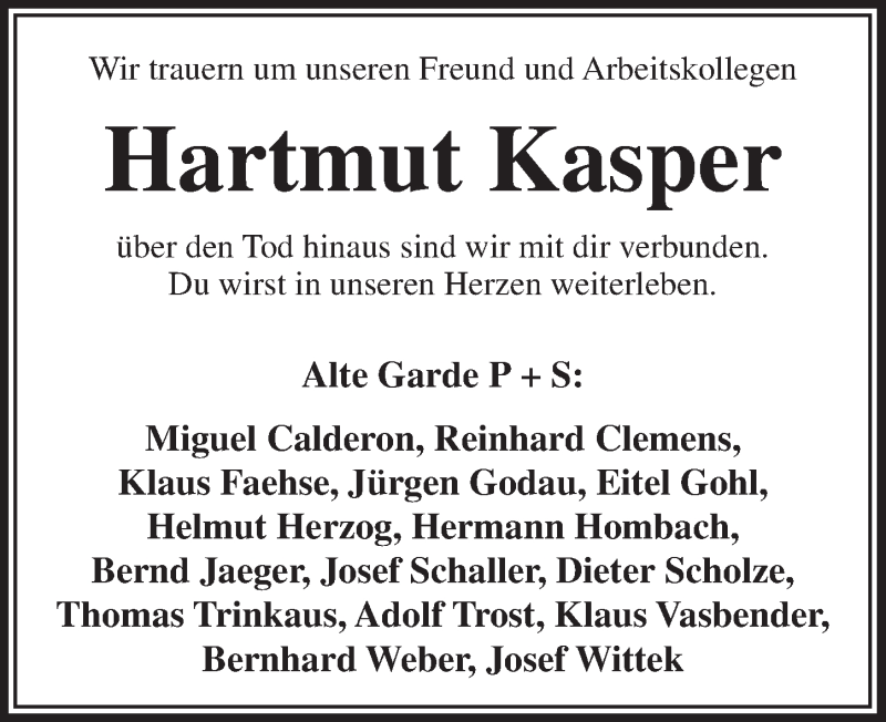  Traueranzeige für Hartmut Kasper vom 10.12.2014 aus  Anzeigen Echo 