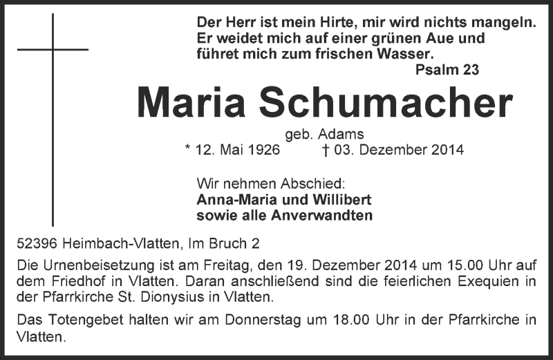  Traueranzeige für Maria Schumacher vom 14.12.2014 aus  Blickpunkt Euskirchen 