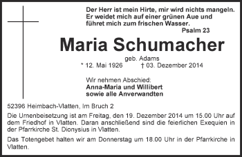 Anzeige von Maria Schumacher von  Blickpunkt Euskirchen 
